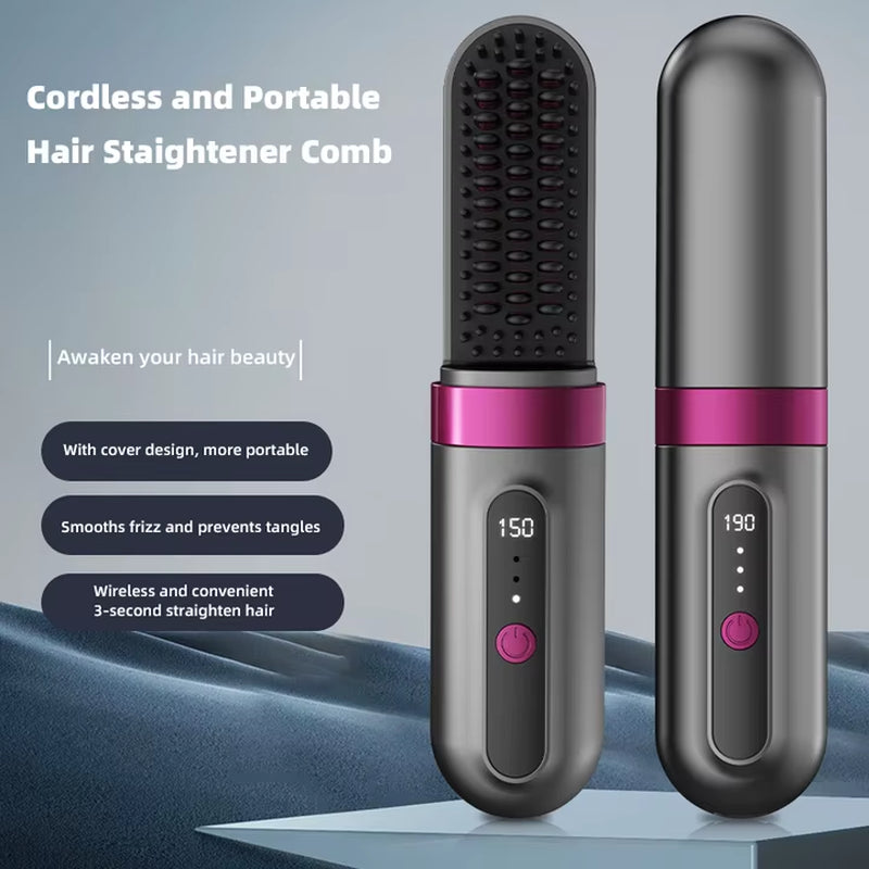 Portable Wireless Hair Straightener Brush Negative Ion Mini Hot Comb with Led Screen