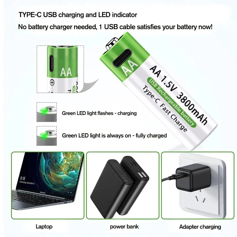 2026 NEW Lithium-Ion Battery Type-C Rechargeable High-Capacity AA&AAA Battery 