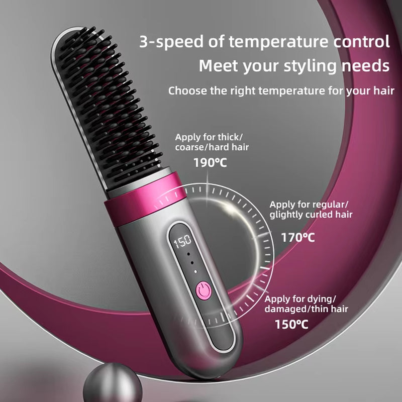 Portable Wireless Hair Straightener Brush Negative Ion Mini Hot Comb with Led Screen