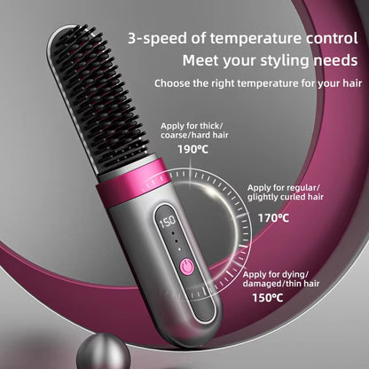 Portable Wireless Hair Straightener Brush Negative Ion Mini Hot Comb with Led Screen