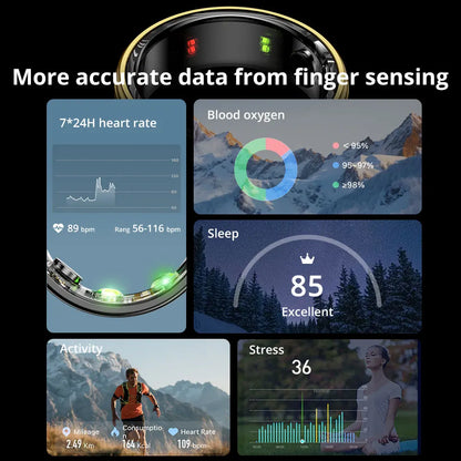 Smart Ring Men Women, Heart Rate and Blood Oxygen Monitor, IP68 & 5ATM Waterproof, Multi-Sport Mode